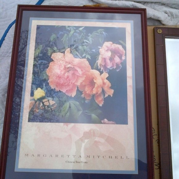 BLUE, PEACH, AND ROSE FLOWER PRINT WITH CUSTOM DOUBLE MAT AND CHERRY WOOD FRAME - Picture 1 of 5
